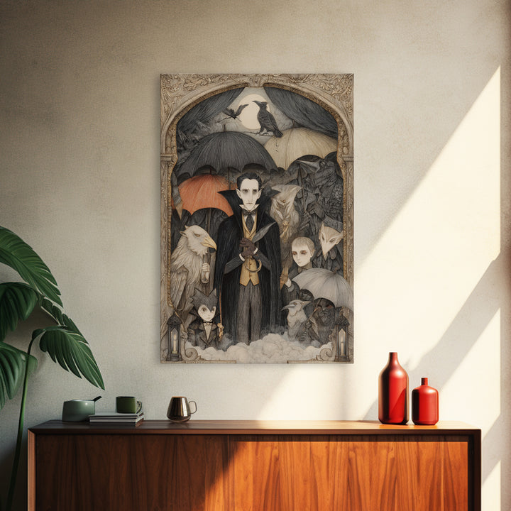 The Bat Umbrella Salesman, Victorian Macabre Art, Vertical Wall Art, Dark Fantasy Wall Art, Canvas Print, Halloween Wall Art