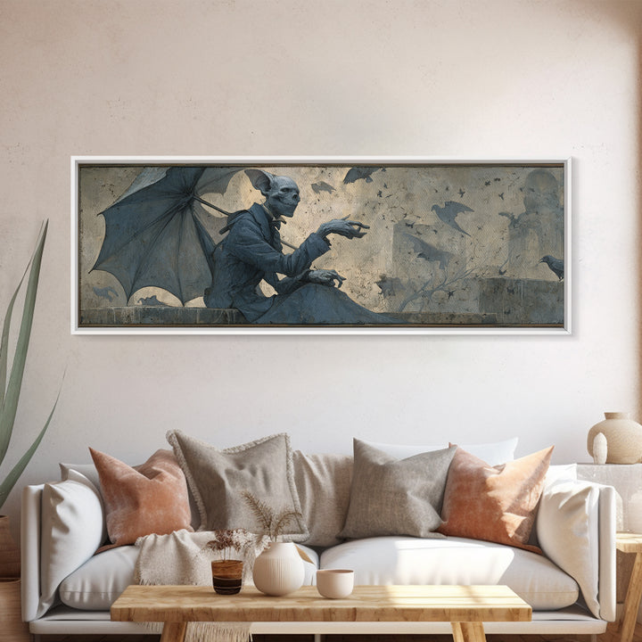 The Bat Umbrella Salesman, Surreal Apocalyptic Art, Extra Wide Wall Art, Macabre Wall Art, Framed Canvas Print, Halloween Wall Art