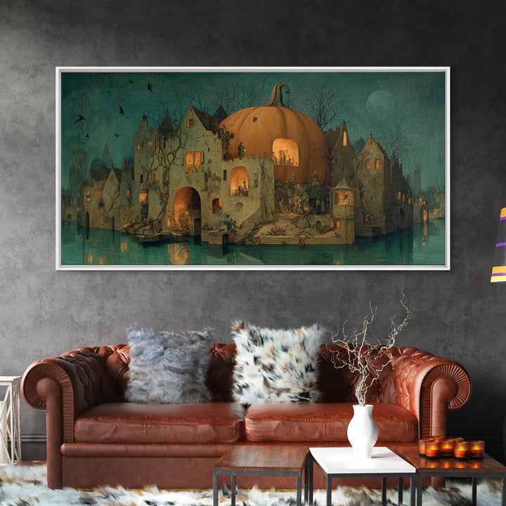 The Pumpkin-House Neighborhood, Medieval Grotesque Art, Wide Panoramic Art, Macabre Wall Art, Framed Canvas Print, Halloween Wall Art