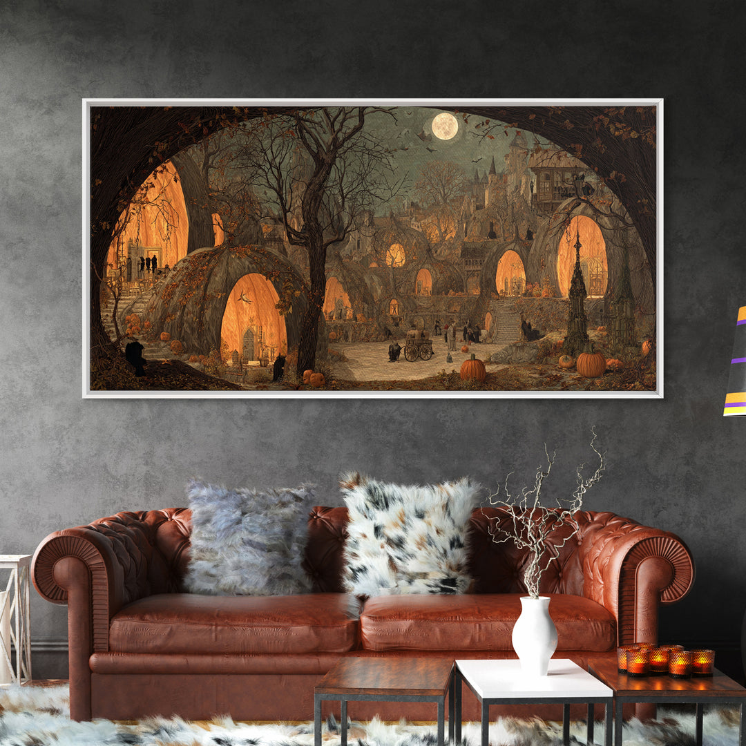 The Pumpkin-House Neighborhood, Northern Renaissance Horror, Wide Panoramic Art, Dark Fantasy Wall Art, Framed Canvas Print