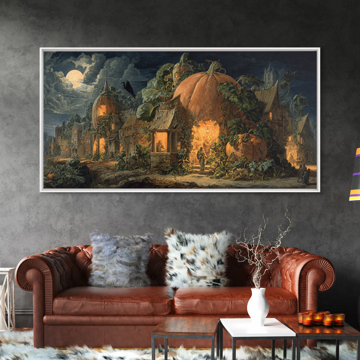 The Pumpkin-House Neighborhood, Dark Renaissance Art, Wide Panoramic Art, Dark Halloween Decor, Framed Canvas Print