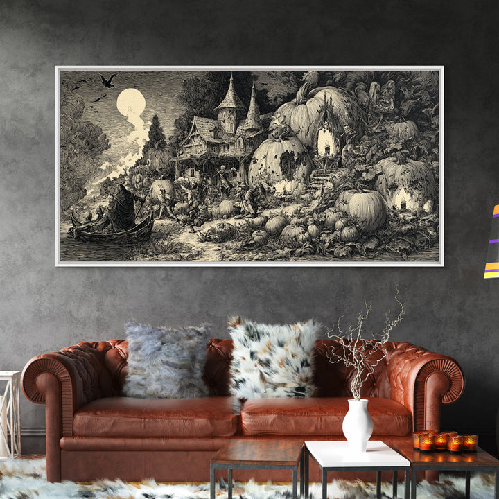 The Pumpkin-House Neighborhood, Renaissance Engraving Art, Wide Panoramic Art, Dark Halloween Decor, Canvas Print, Halloween Wall Art