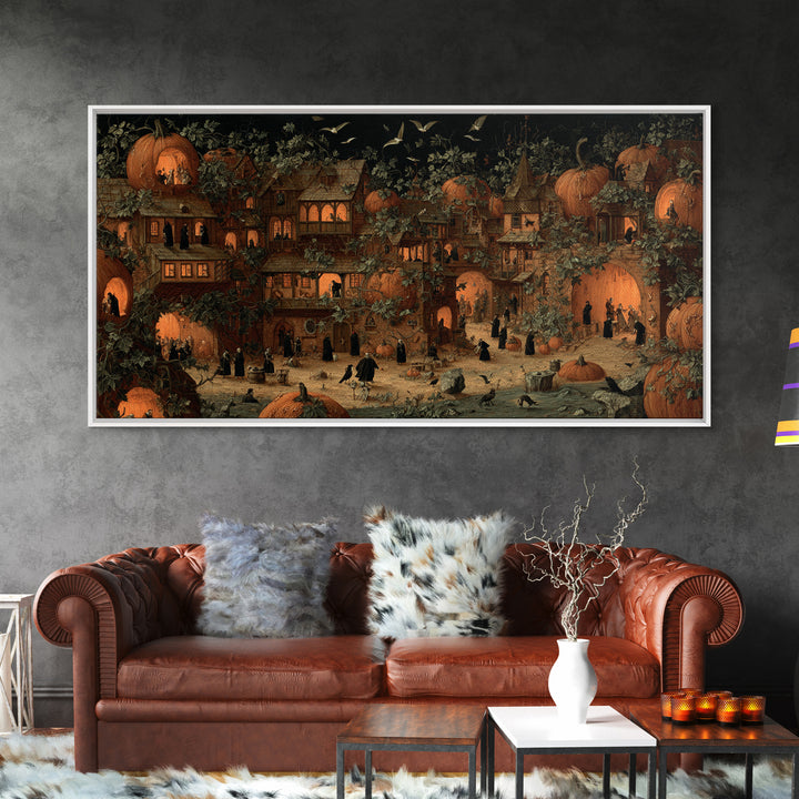 The Pumpkin-House Neighborhood, Danse Macabre Art, Wide Panoramic Art, Macabre Wall Art, Framed Canvas Print