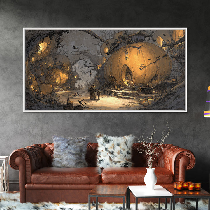 The Pumpkin-House Neighborhood, Baroque Witchcraft Art, Wide Panoramic Art, Dark Halloween Decor, Framed Canvas Print