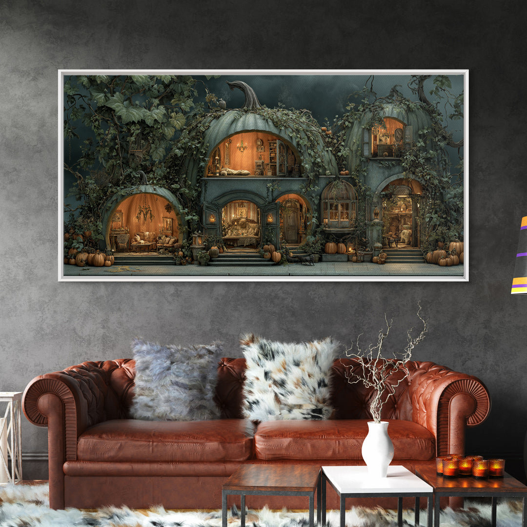 The Pumpkin-House Neighborhood, Gothic Nightmare Art, Wide Panoramic Art, Dark Halloween Decor, Canvas Print, Halloween Wall Art
