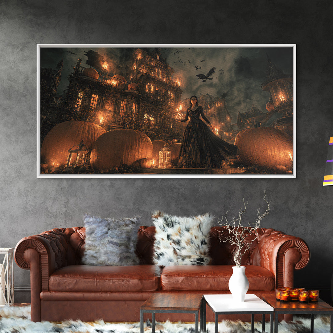 The Pumpkin-House Neighborhood, Visionary Gothic Art, Wide Panoramic Art, Macabre Wall Art, Framed Canvas Print, Halloween Wall Art