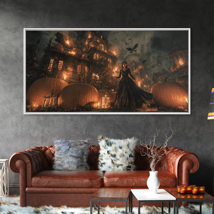The Pumpkin-House Neighborhood, Visionary Gothic Art, Wide Panoramic Art, Macabre Wall Art, Framed Canvas Print, Halloween Wall Art