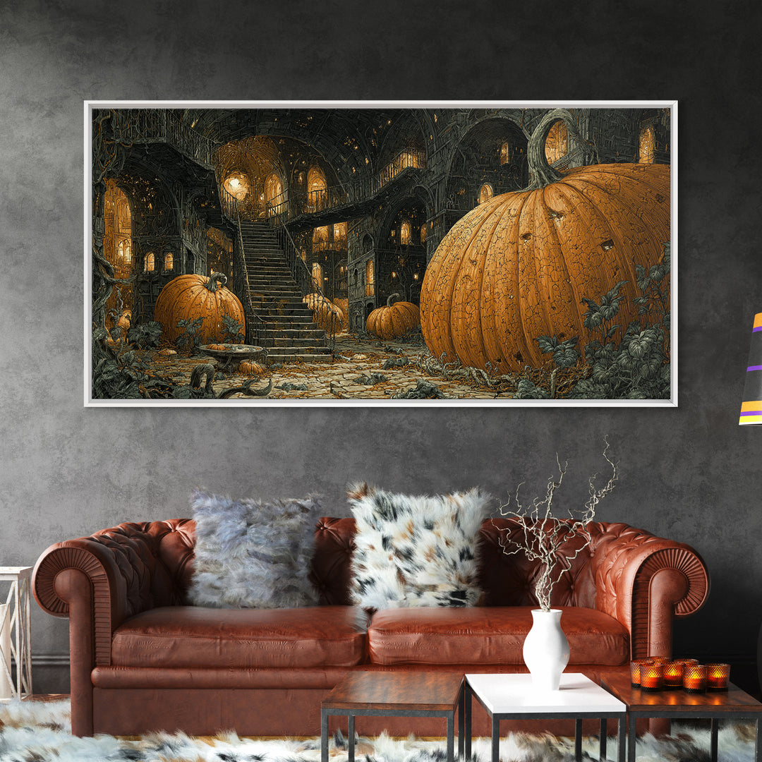 The Pumpkin-House Neighborhood, Architectural Etching Art, Wide Panoramic Art, Gothic Horror Wall Art, Canvas Print