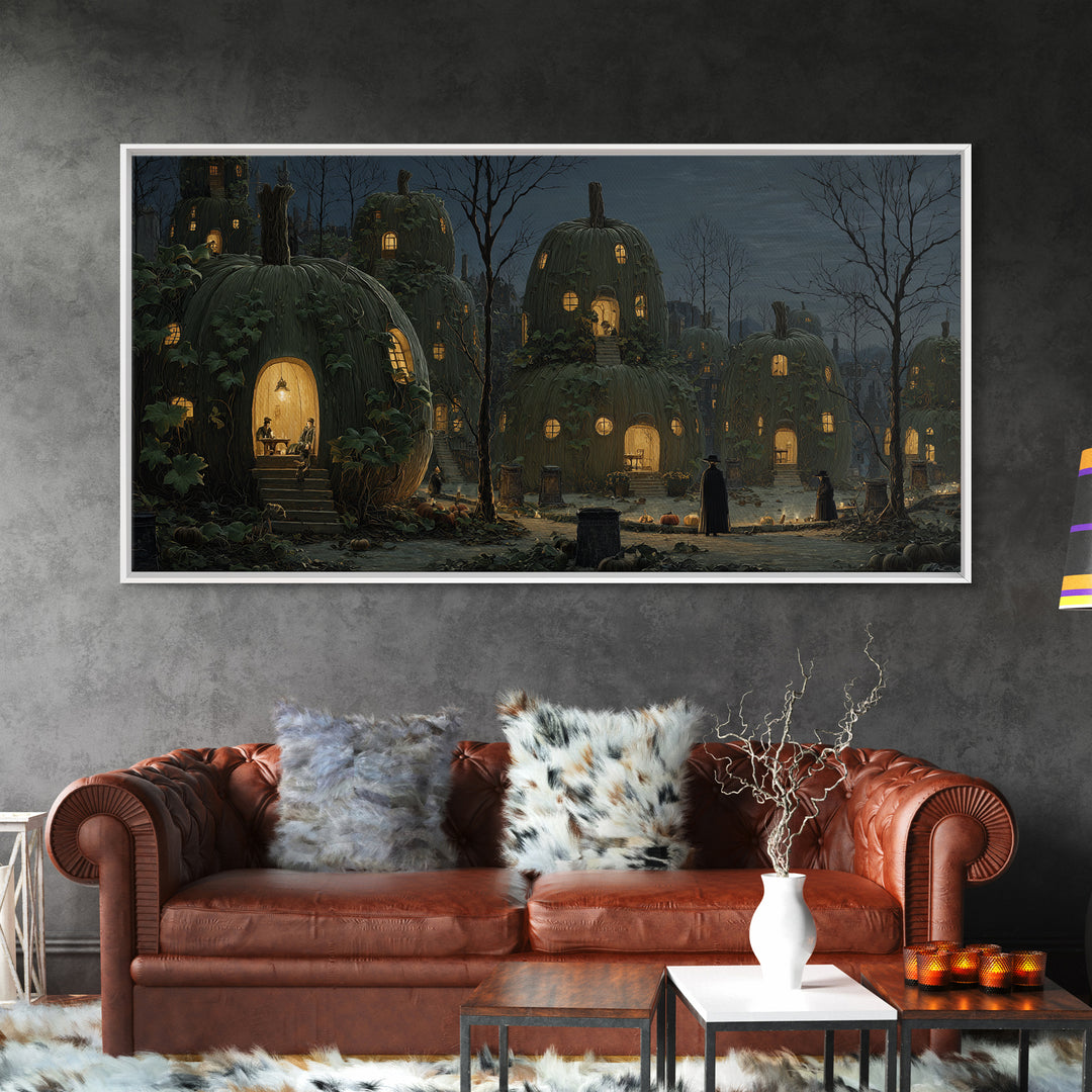 The Pumpkin-House Neighborhood, Romantic Gothic Landscape, Wide Panoramic Art, Macabre Wall Art, Framed Canvas Print