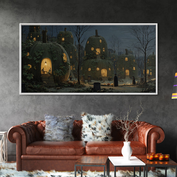 The Pumpkin-House Neighborhood, Romantic Gothic Landscape, Wide Panoramic Art, Macabre Wall Art, Framed Canvas Print
