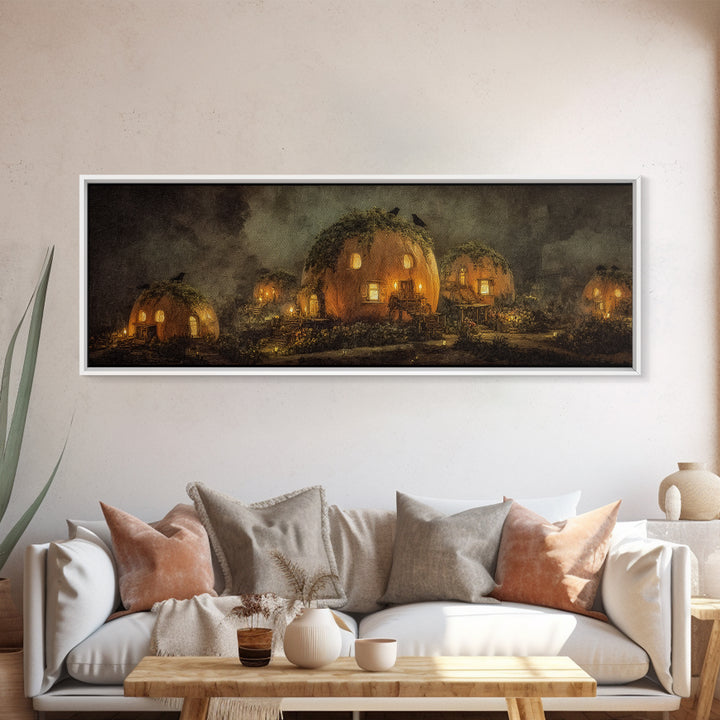 The Pumpkin-House Neighborhood, Symbolist Dream Art, Extra Wide Wall Art, Dark Fantasy Wall Art, Framed Canvas Print, Halloween Decor