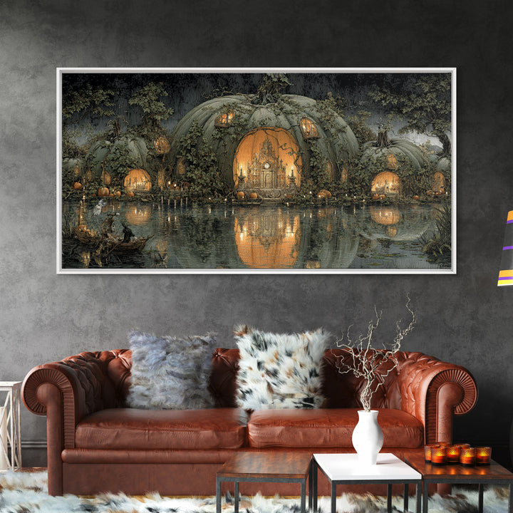 The Pumpkin-House Neighborhood, Symbolist Gothic Landscape, Wide Panoramic Art, Dark Halloween Decor, Canvas Print, Halloween Wall Art