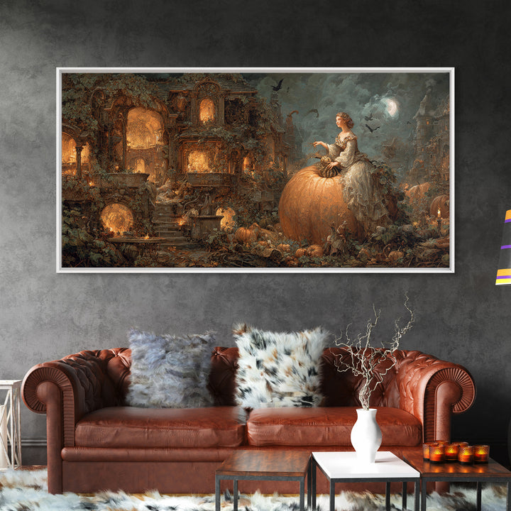 The Pumpkin-House Neighborhood, Ornate Symbolist Art, Wide Panoramic Art, Dark Halloween Decor, Framed Canvas Print