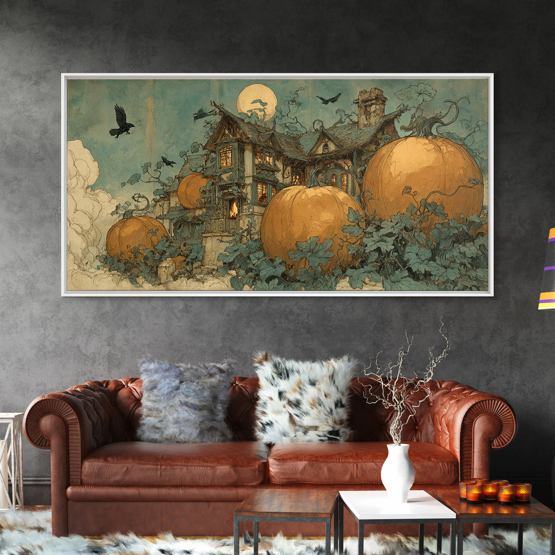 The Pumpkin-House Neighborhood, Decadent Gothic Art, Wide Panoramic Art, Dark Fantasy Wall Art, Framed Canvas Print