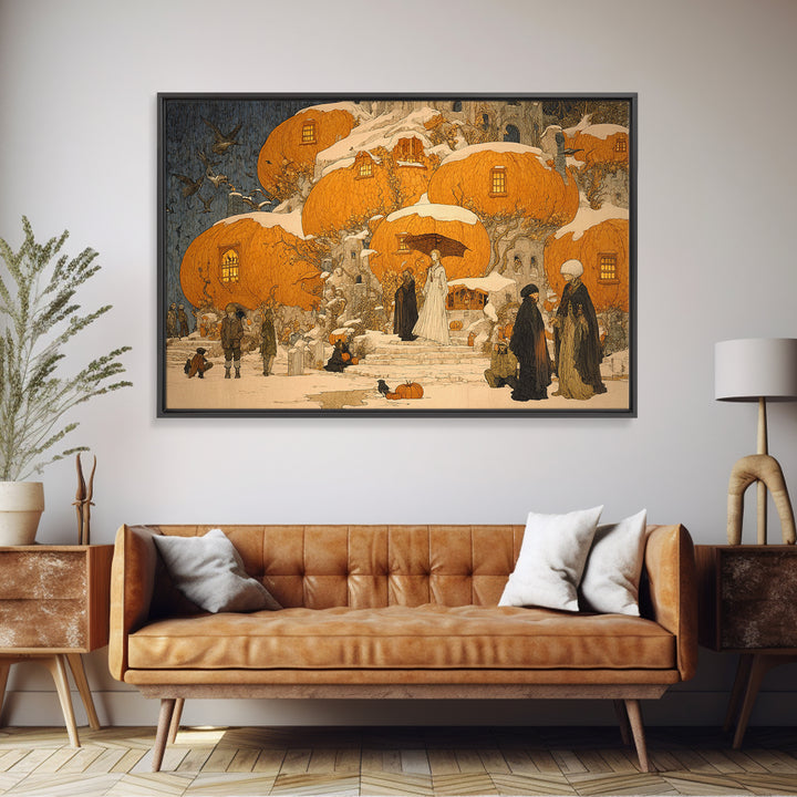 The Pumpkin-House Neighborhood, Symbolist Death Art, Landscape Wall Art, Macabre Wall Art, Framed Canvas Print, Halloween Wall Art
