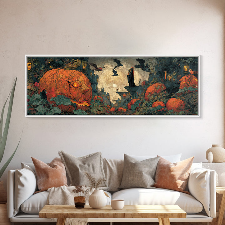 The Pumpkin-House Neighborhood, Dark Symbolist Art, Extra Wide Wall Art, Macabre Wall Art, Framed Canvas Print, Halloween Wall Art