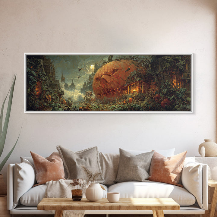 The Pumpkin-House Neighborhood, Symbolist Etching Art, Extra Wide Wall Art, Gothic Horror Wall Art, Framed Canvas Print, Dark Fantasy Art