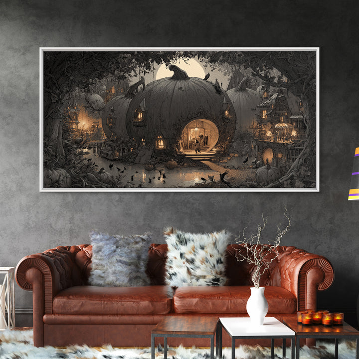 The Pumpkin-House Neighborhood, Expressionist Nightmare Art, Wide Panoramic Art, Gothic Horror Wall Art, Framed Canvas Print