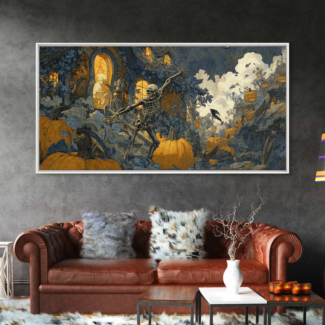 The Pumpkin-House Neighborhood, Grotesque Carnival Art, Wide Panoramic Art, Dark Halloween Decor, Framed Canvas Print, Halloween Wall Art