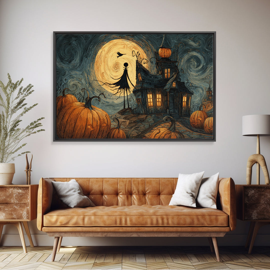 The Pumpkin-House Neighborhood, Expressionist Gothic Art, Landscape Wall Art, Gothic Horror Wall Art, Framed Canvas Print, Dark Fantasy Art