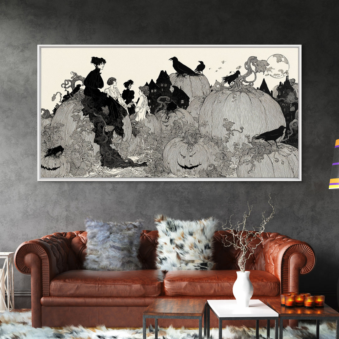 The Pumpkin-House Neighborhood, Decadent Line Art, Wide Panoramic Art, Dark Fantasy Wall Art, Framed Canvas Print