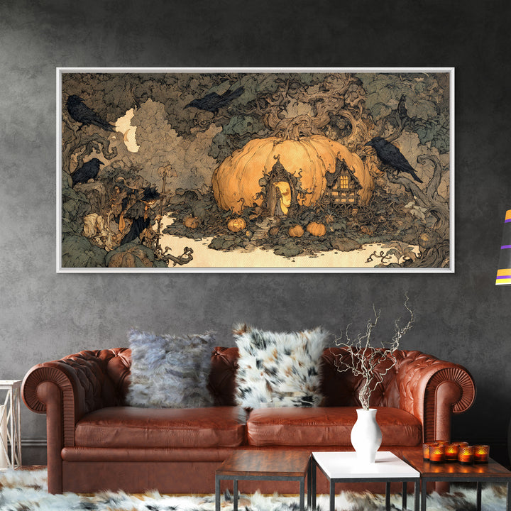 The Pumpkin-House Neighborhood, Gothic Storybook Art, Wide Panoramic Art, Gothic Horror Wall Art, Framed Canvas Print