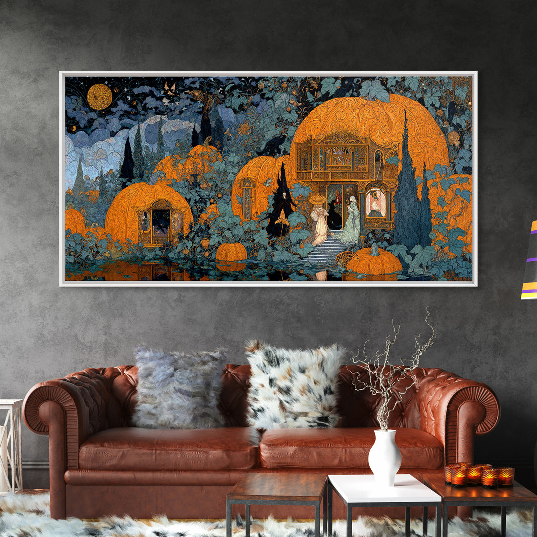 The Pumpkin-House Neighborhood, Stained Glass Gothic Art, Wide Panoramic Art, Dark Halloween Decor, Framed Canvas Print, Halloween Wall Art