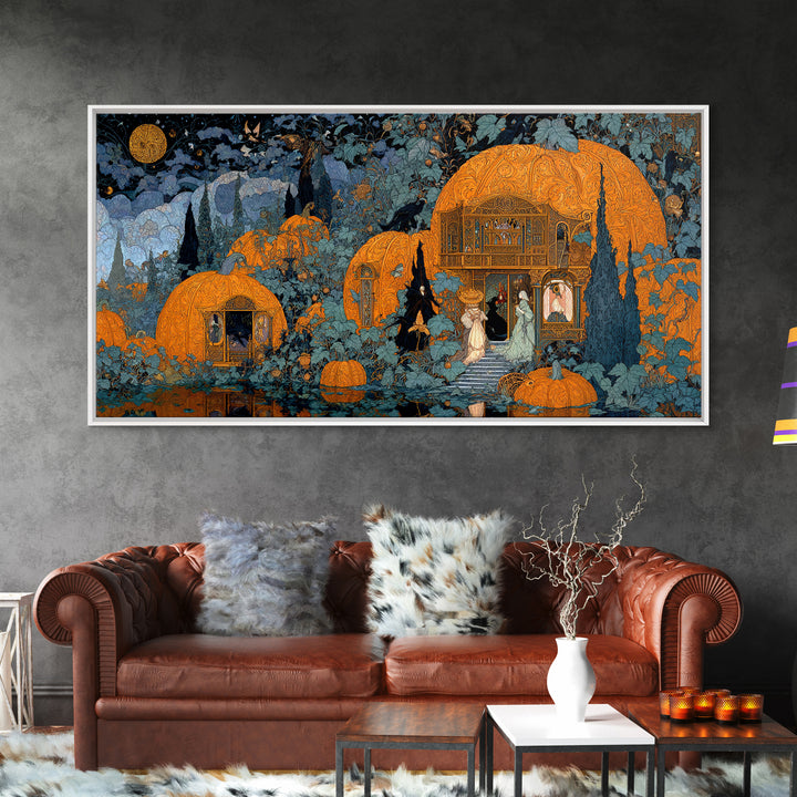 The Pumpkin-House Neighborhood, Stained Glass Gothic Art, Wide Panoramic Art, Dark Halloween Decor, Framed Canvas Print, Halloween Wall Art