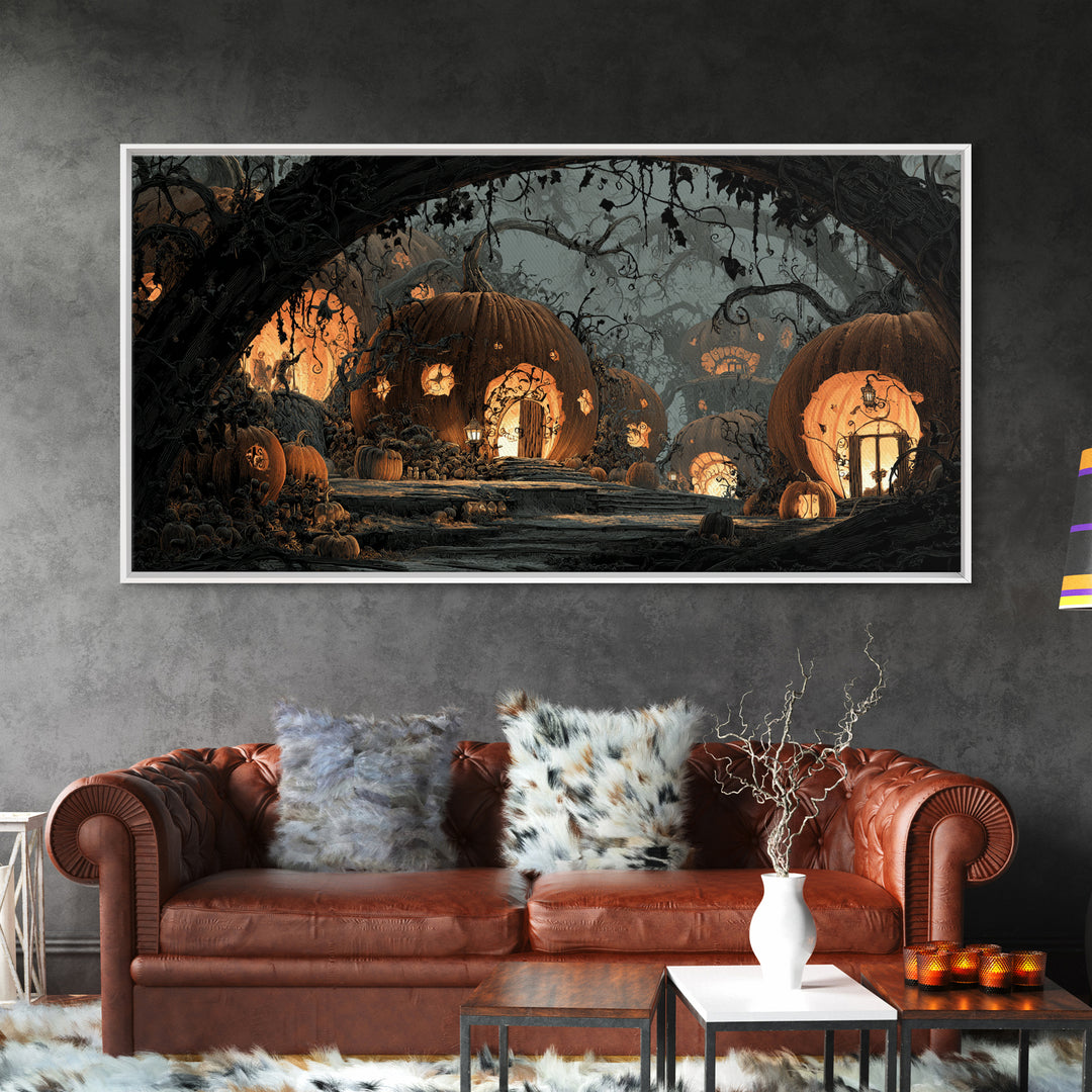The Pumpkin-House Neighborhood, Macabre Folk Print Art, Wide Panoramic Art, Macabre Wall Art, Framed Canvas Print