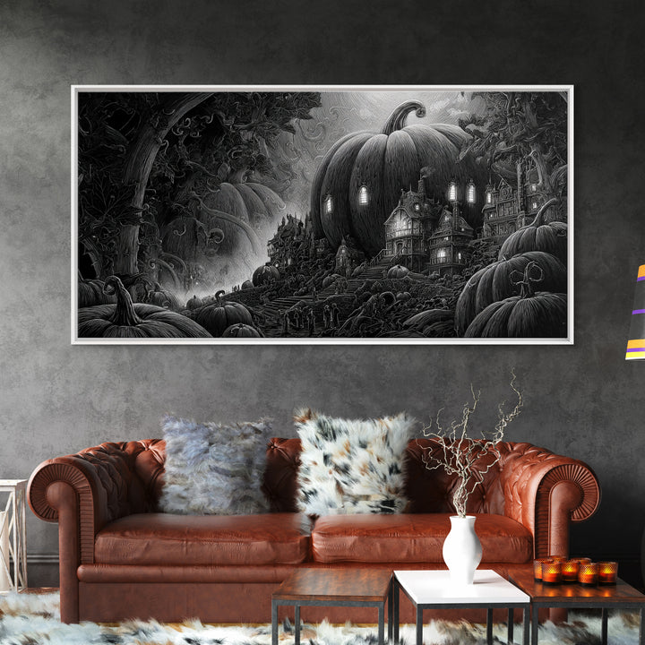The Pumpkin-House Neighborhood, Biomechanical Horror Art, Wide Panoramic Art, Dark Halloween Decor, Framed Canvas Print, Halloween Wall Art