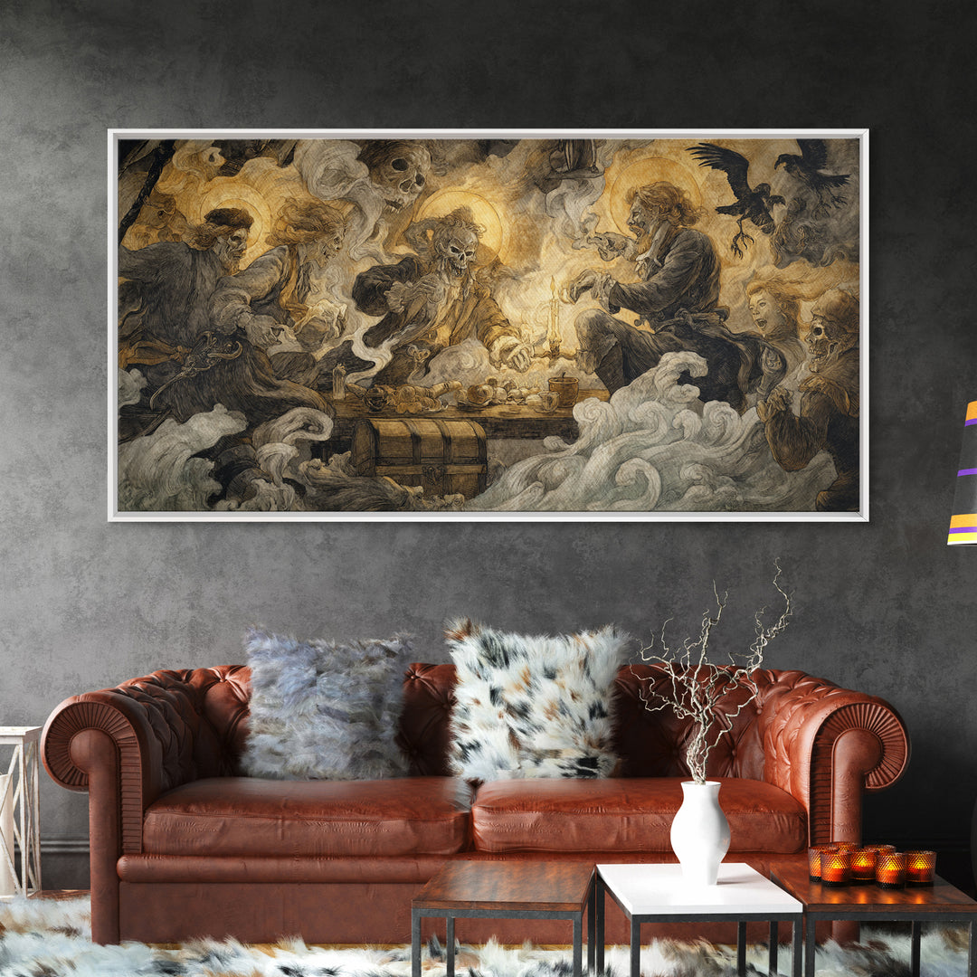 The Ghost Pirate Picnic, Dark Renaissance Art, Wide Panoramic Art, Dark Fantasy Wall Art, Canvas Print, Halloween Wall Art