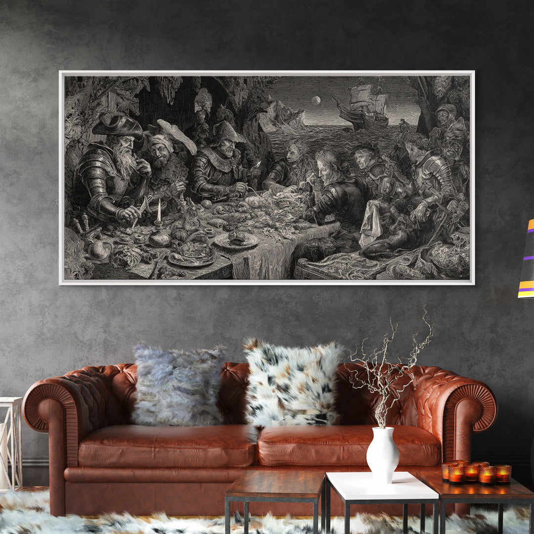 The Ghost Pirate Picnic, Renaissance Engraving Art, Wide Panoramic Art, Gothic Horror Wall Art, Canvas Print, Halloween Wall Art