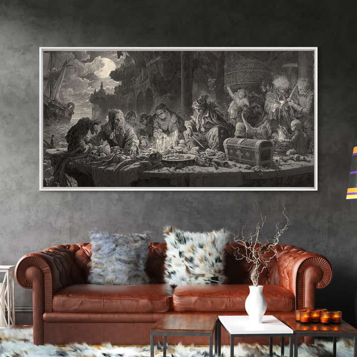 The Ghost Pirate Picnic, Architectural Etching Art, Wide Panoramic Art, Dark Halloween Decor, Framed Canvas Print