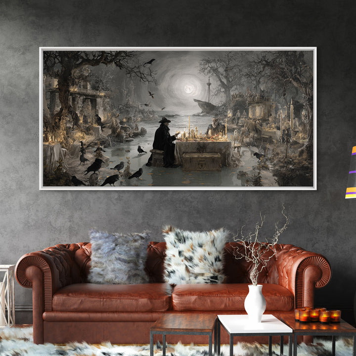 The Ghost Pirate Picnic, Romantic Gothic Landscape, Wide Panoramic Art, Macabre Wall Art, Framed Canvas Print, Halloween Wall Art