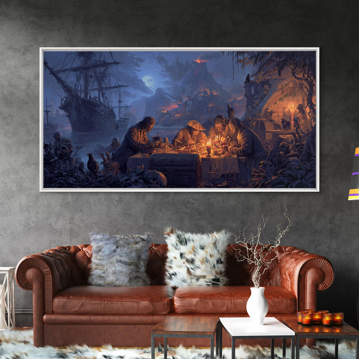 The Ghost Pirate Picnic, Apocalyptic Romantic Art, Wide Panoramic Art, Macabre Wall Art, Framed Canvas Print, Halloween Wall Art