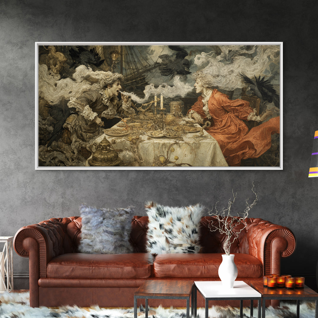 The Ghost Pirate Picnic, Ornate Symbolist Art, Wide Panoramic Art, Dark Halloween Decor, Canvas Print, Halloween Wall Art