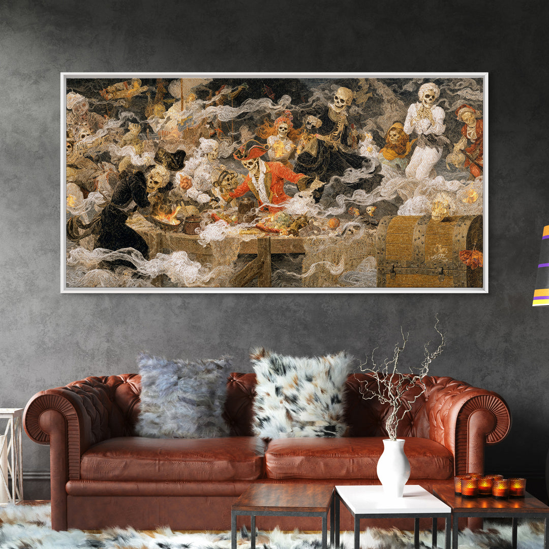 The Ghost Pirate Picnic, Grotesque Carnival Art, Wide Panoramic Art, Dark Fantasy Wall Art, Framed Canvas Print, Halloween Wall Art