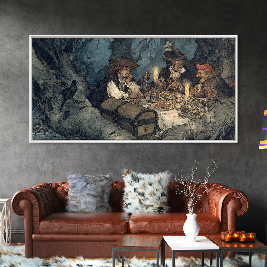 The Ghost Pirate Picnic, Gothic Storybook Art, Wide Panoramic Art, Dark Fantasy Wall Art, Canvas Print, Halloween Wall Art