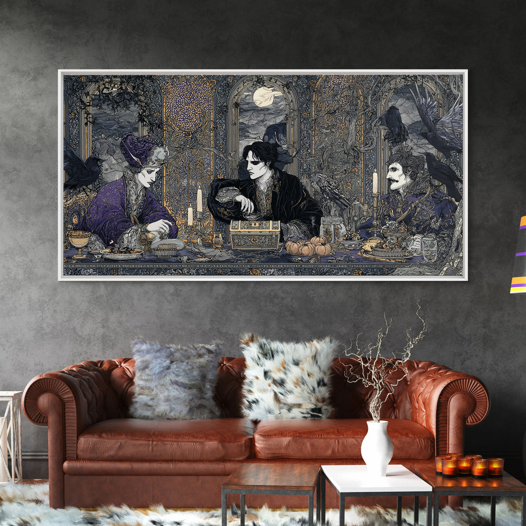 The Ghost Pirate Picnic, Stained Glass Gothic Art, Wide Panoramic Art, Dark Halloween Decor, Framed Canvas Print, Halloween Wall Art