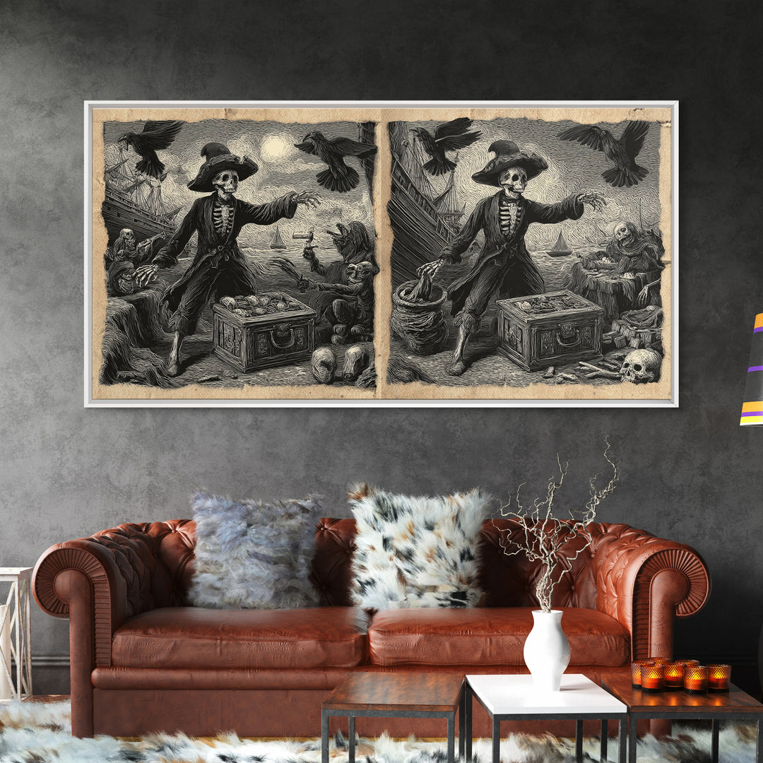 The Ghost Pirate Picnic, Macabre Folk Print Art, Wide Panoramic Art, Dark Fantasy Wall Art, Framed Canvas Print, Halloween Decor