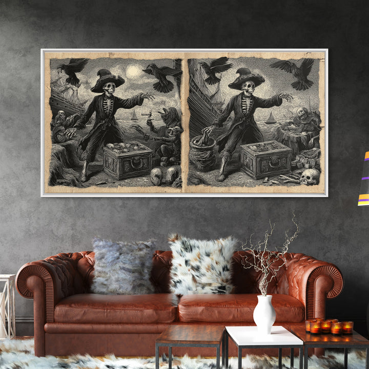 The Ghost Pirate Picnic, Macabre Folk Print Art, Wide Panoramic Art, Dark Fantasy Wall Art, Framed Canvas Print, Halloween Decor