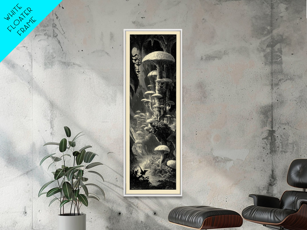 The Moonlit Mushroom Village, Gothic Engraving Art, Tall Narrow Wall Art, Macabre Wall Art, Canvas Print, Halloween Wall Art