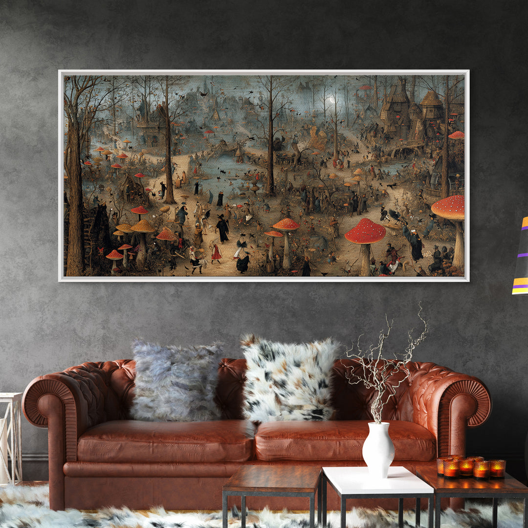 The Moonlit Mushroom Village, Northern Renaissance Horror, Wide Panoramic Art, Macabre Wall Art, Canvas Print, Halloween Wall Art