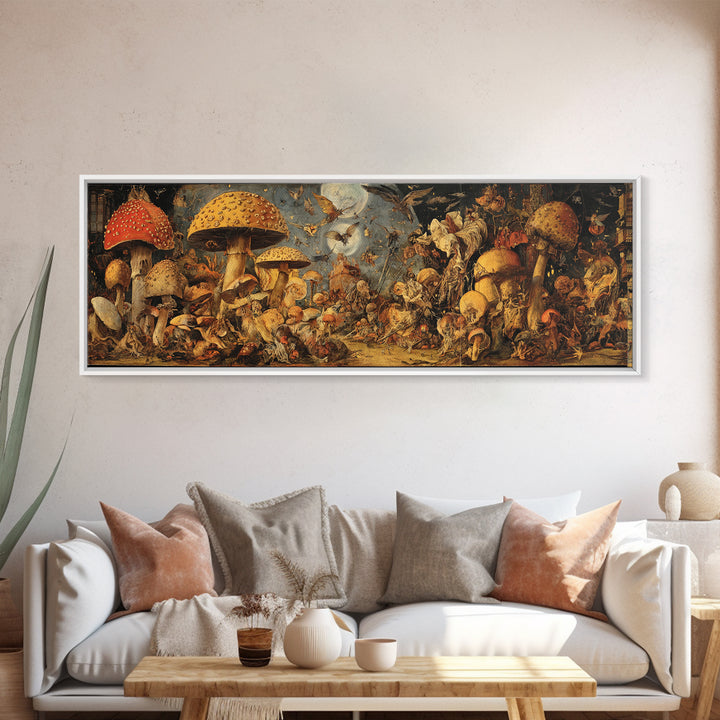 The Moonlit Mushroom Village, Dark Renaissance Art, Extra Wide Wall Art, Dark Fantasy Wall Art, Framed Canvas Print