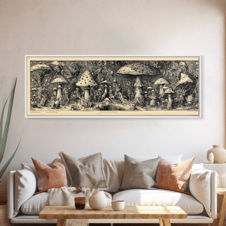 The Moonlit Mushroom Village, Renaissance Engraving Art, Extra Wide Wall Art, Dark Halloween Decor, Framed Canvas Print, Macabre Wall Art
