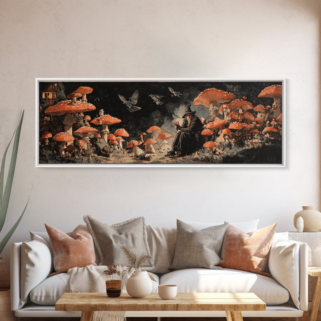 The Moonlit Mushroom Village, Dark Romantic Horror Art, Extra Wide Wall Art, Dark Fantasy Wall Art, Canvas Print, Halloween Wall Art
