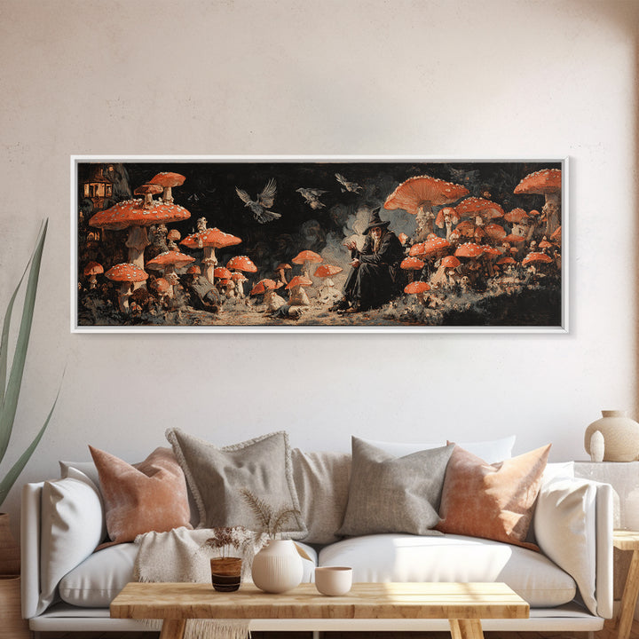 The Moonlit Mushroom Village, Dark Romantic Horror Art, Extra Wide Wall Art, Dark Fantasy Wall Art, Canvas Print, Halloween Wall Art