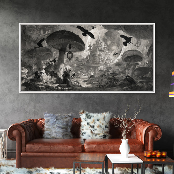The Moonlit Mushroom Village, Architectural Etching Art, Wide Panoramic Art, Gothic Horror Wall Art, Canvas Print