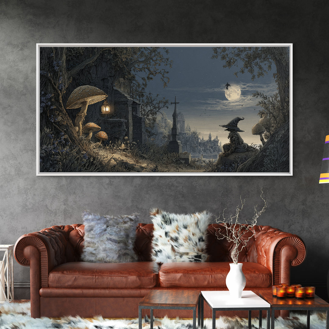 The Moonlit Mushroom Village, Romantic Gothic Landscape, Wide Panoramic Art, Dark Fantasy Wall Art, Canvas Print, Dark Fantasy Art