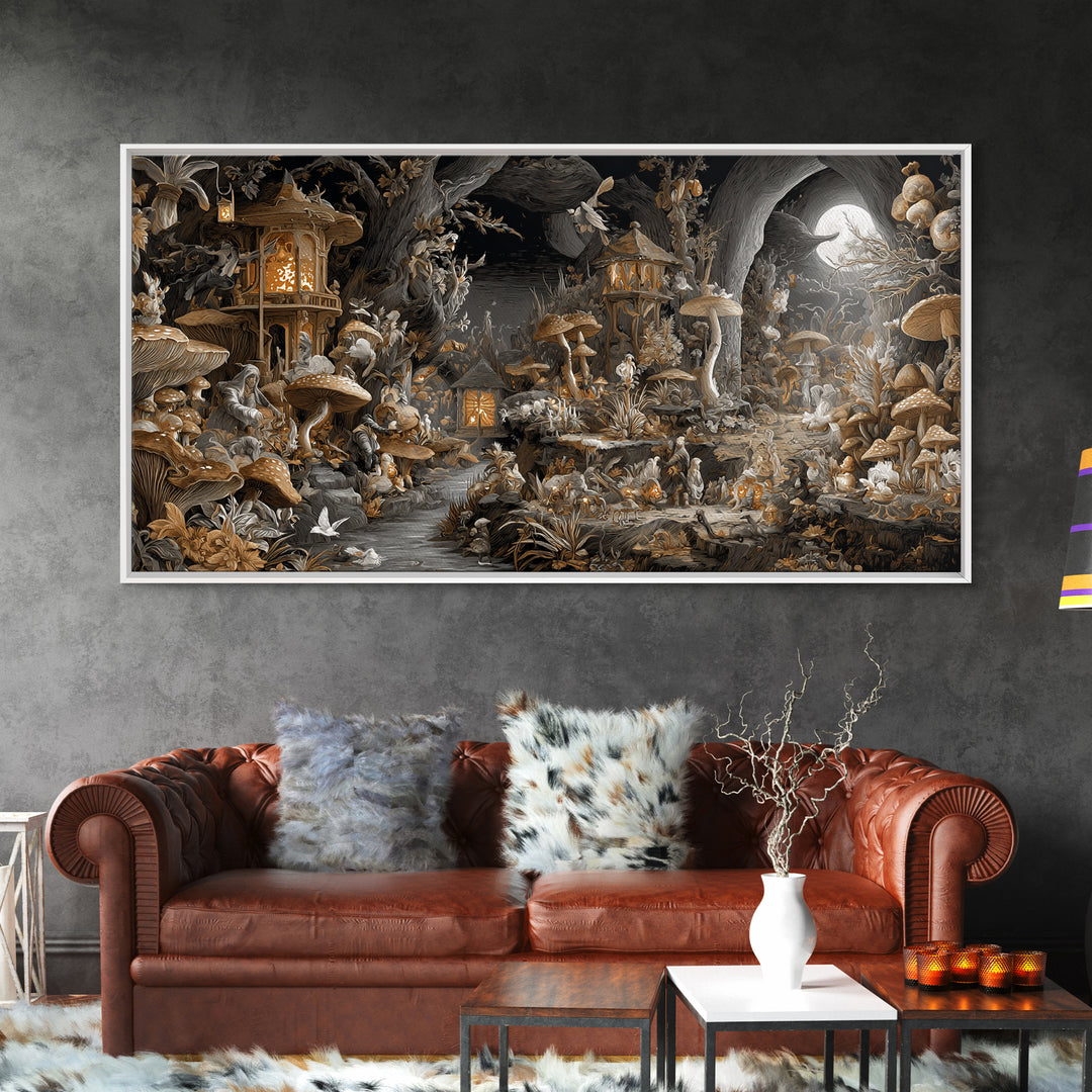 The Moonlit Mushroom Village, Apocalyptic Romantic Art, Wide Panoramic Art, Dark Fantasy Wall Art, Canvas Print, Halloween Wall Art
